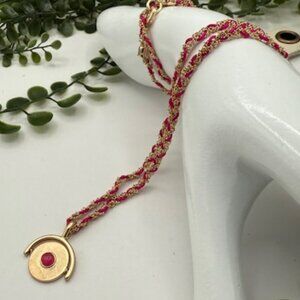 Anthropologie Gold Tone Red Braided Necklace with Horseshoe Charm and Stone Bead